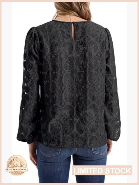 Boho Lace Crochet Blouse Long Sleeve Elegant Flowy Top Button Back Puff Sleeves - Picture 4 of 7